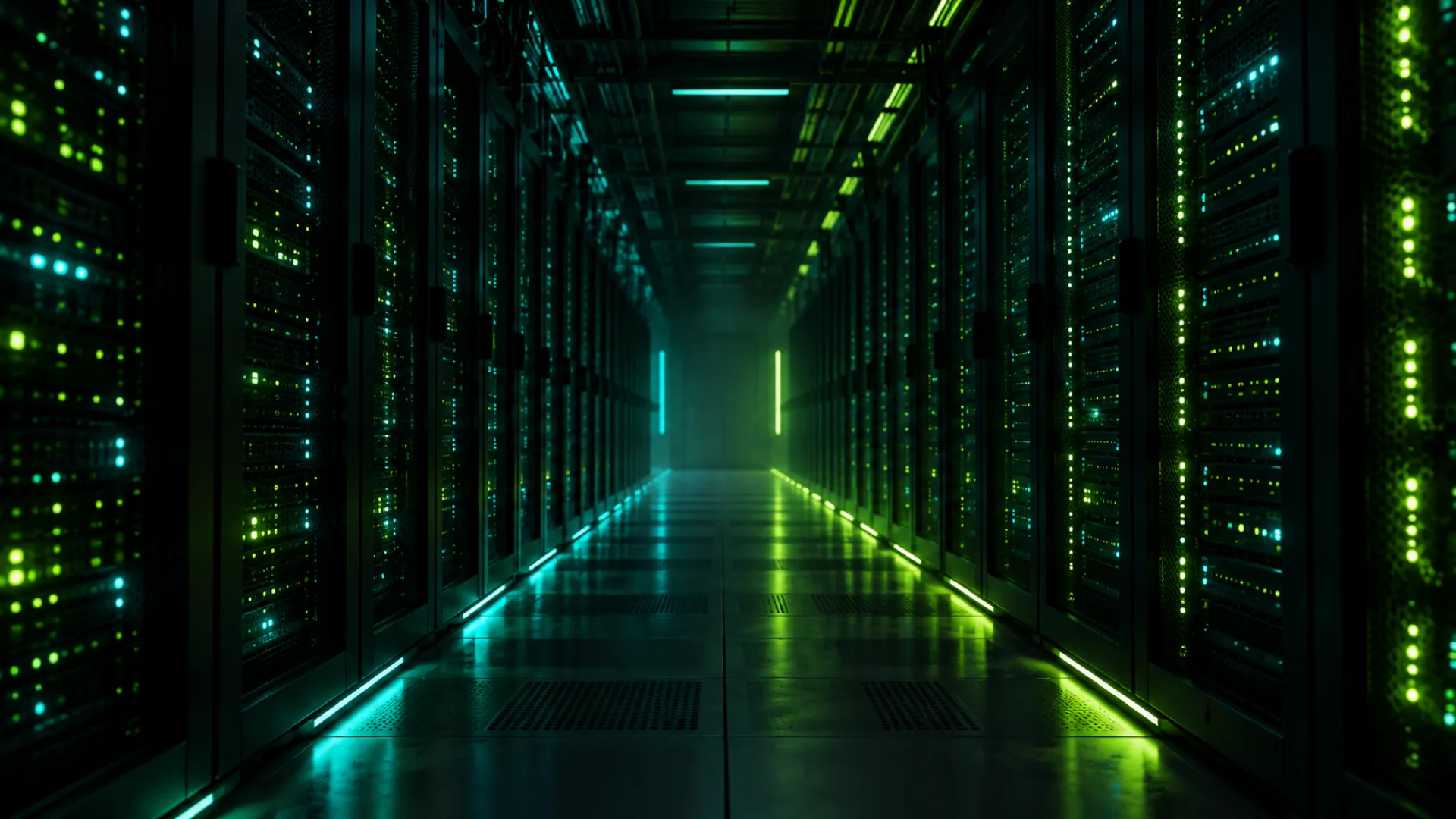 A dark server room aisle with rack indicator lights glowing teal and green