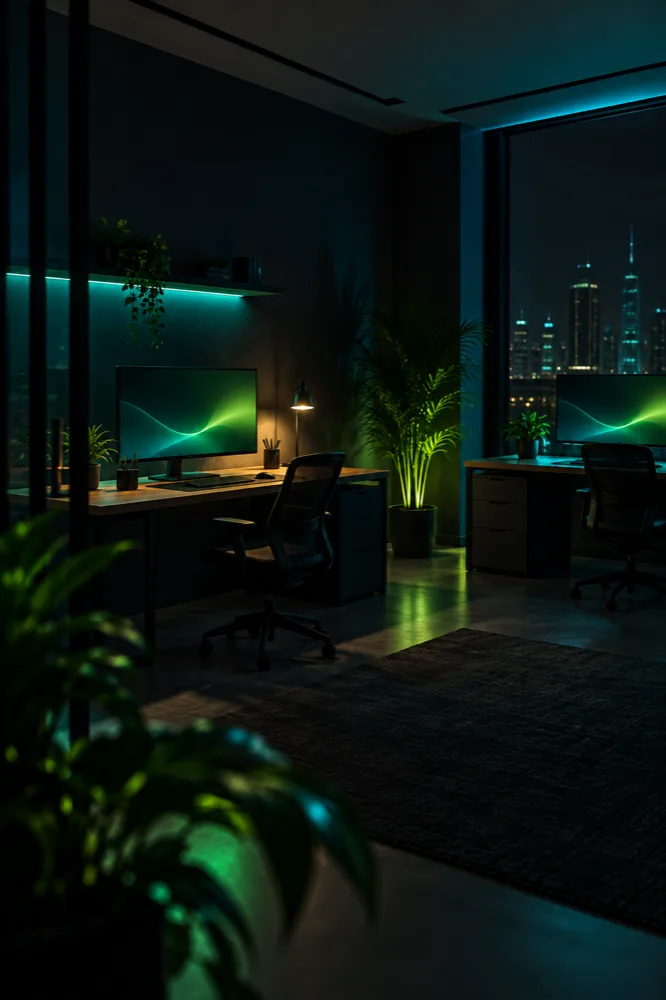 The Nexon Enterprise office at night — two desks with monitors, lit in teal and green