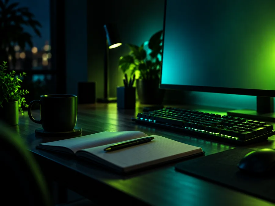 A desk close-up — keyboard, notebook and coffee cup under monitor light